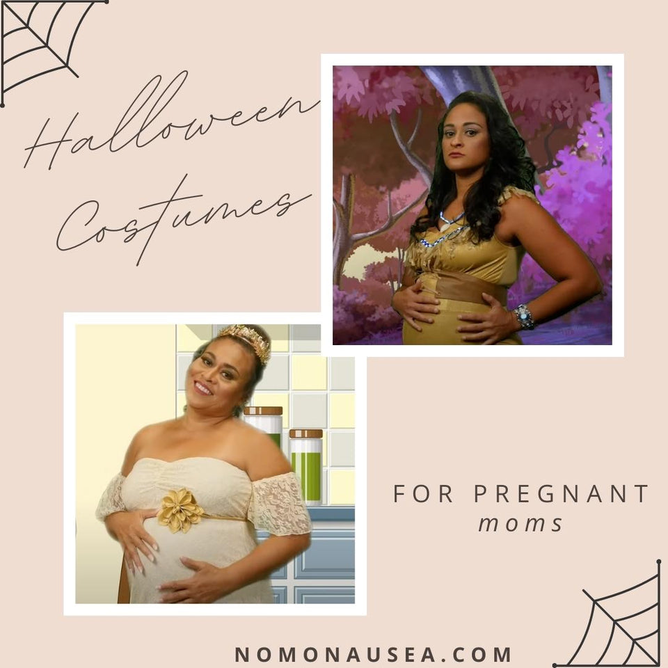 Graphic of two women dressed in Pregnant Halloween Costumes, woman in top right is Pocahontas and the other at bottom left is Belle  