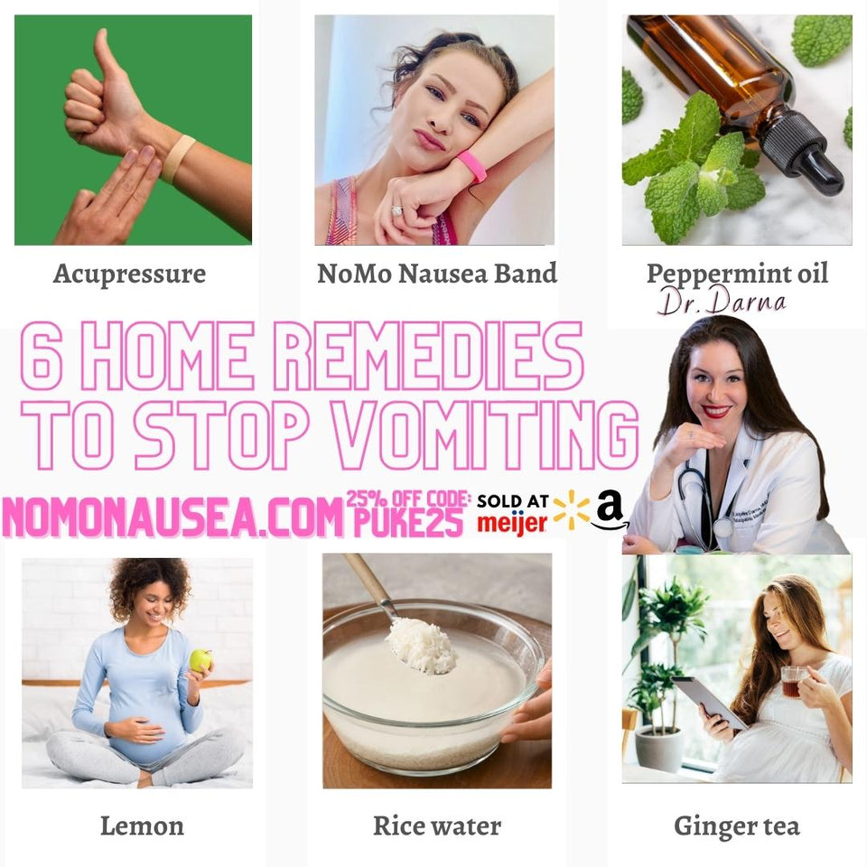 How to stop vomiting home remedies? Dr. Darna inventor of NoMo Nausea 3:1 vomiting relief bracelet using peppermint essential oil and motion sickness pressure point technology. Buy on NoMoNausea.com or walmart, meijer, or amazon